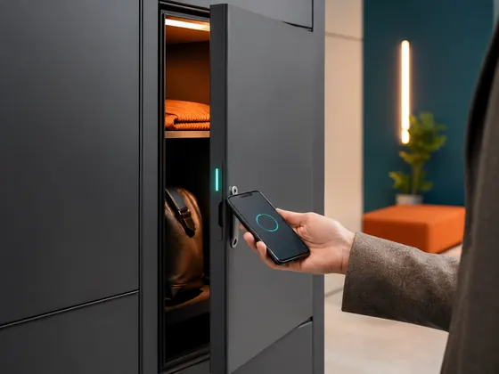 TrustLock app-controlled smart locker unlocked by a smartphone tap, teal and orange interior
